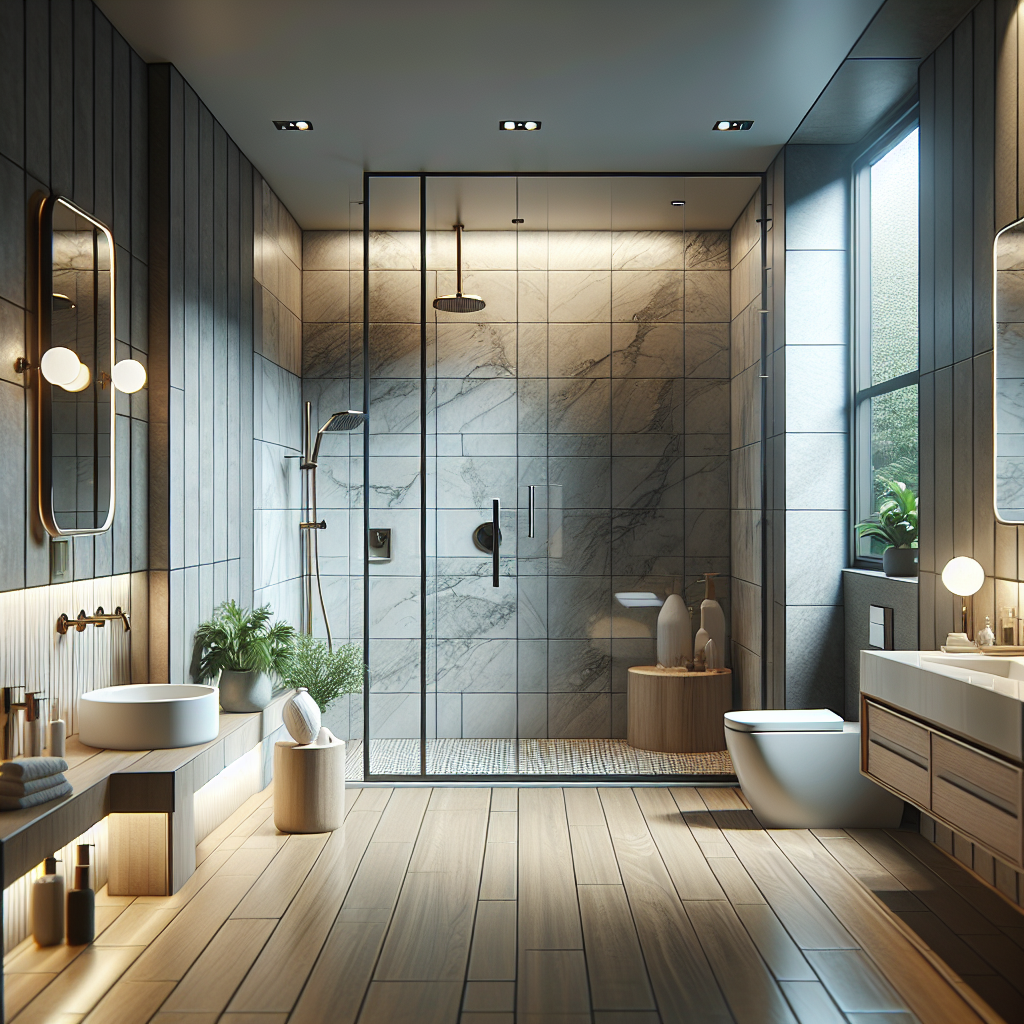 Caption: Embrace the magic within your comfort zone – unveil our spectacular modern shower remodel.  A picture showcasing the transformation of a contemporary style shower remodel, selling the comfort zone magic.