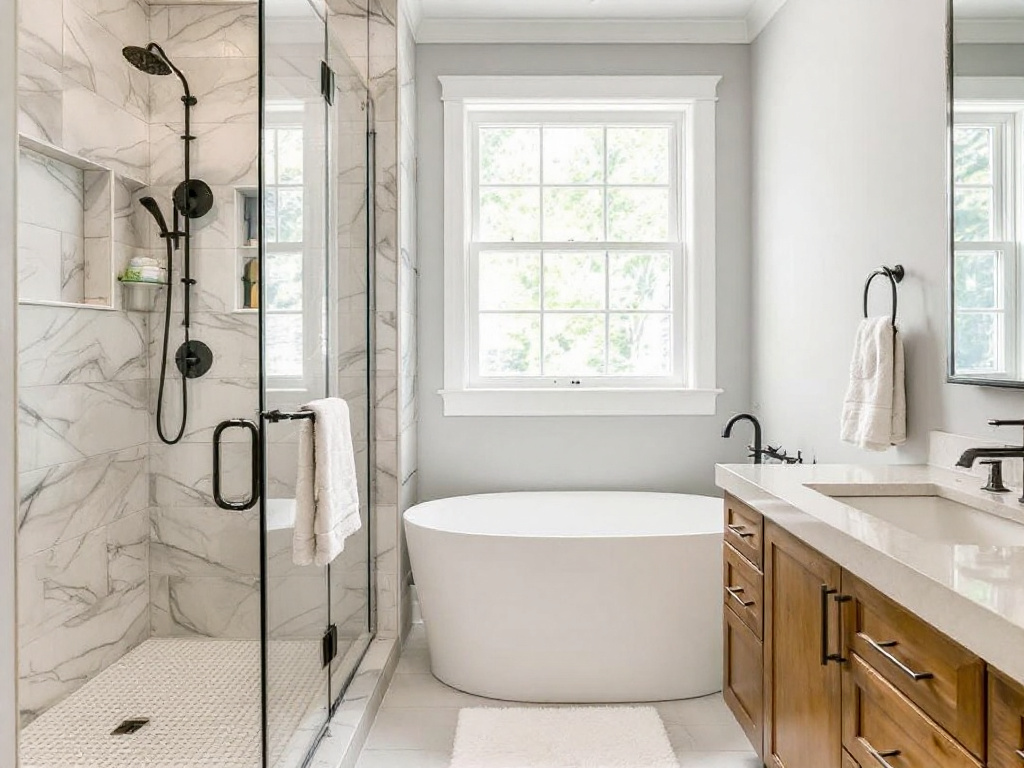 Modern contemporary bathroom remodeling by general contractors near Concord, MA.
