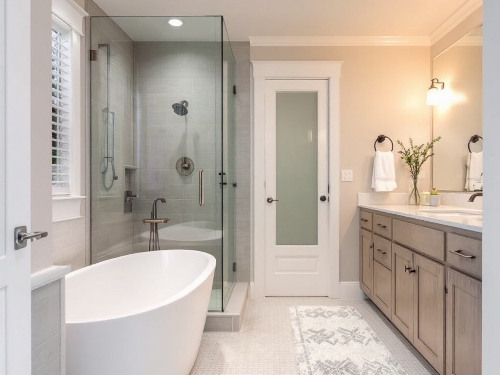 An illustration showcasing the incredible transformation of a contemporary, modern bathroom in Sudbury, MA, done by superior bathroom remodeling contractors.