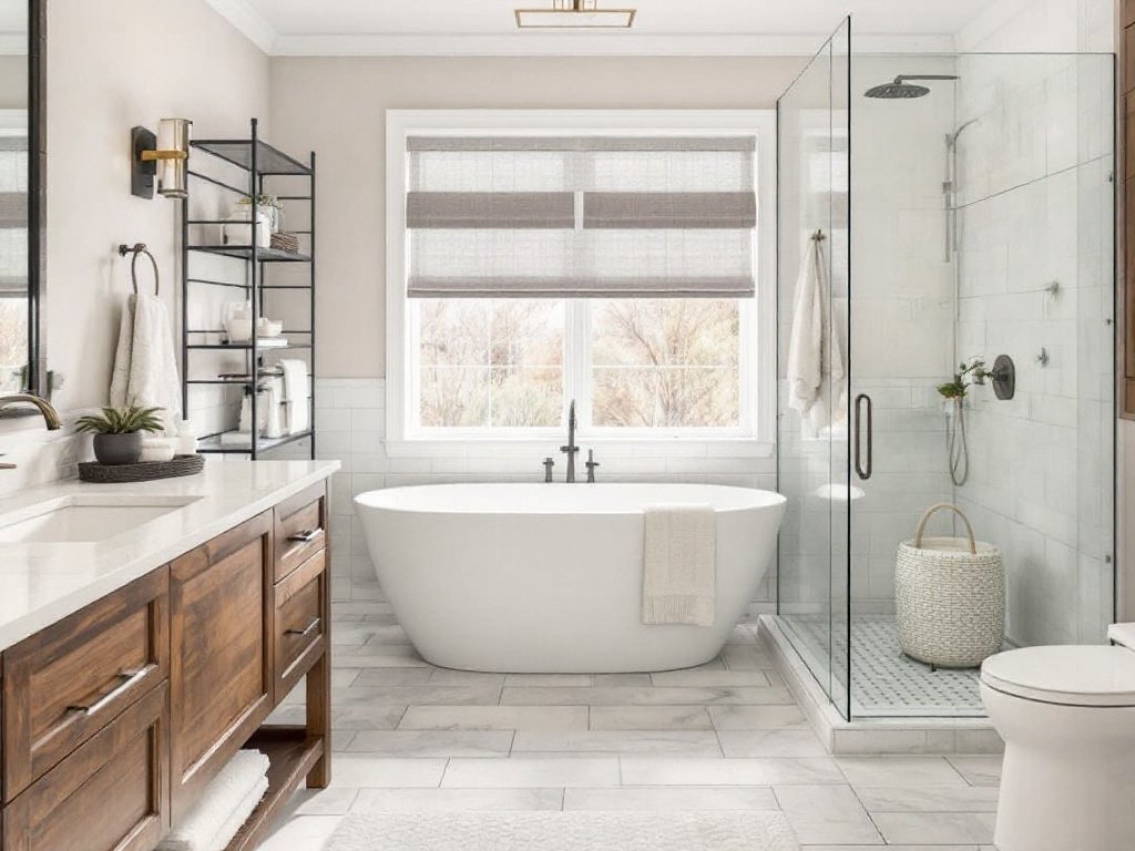 Caption: Experience the best of chic, contemporary bathroom designs with our expert floor tile installers in Hopkinton, MA. Professional floor tile installers near Hopkinton, MA transforming a bathroom with a modern, contemporary design.