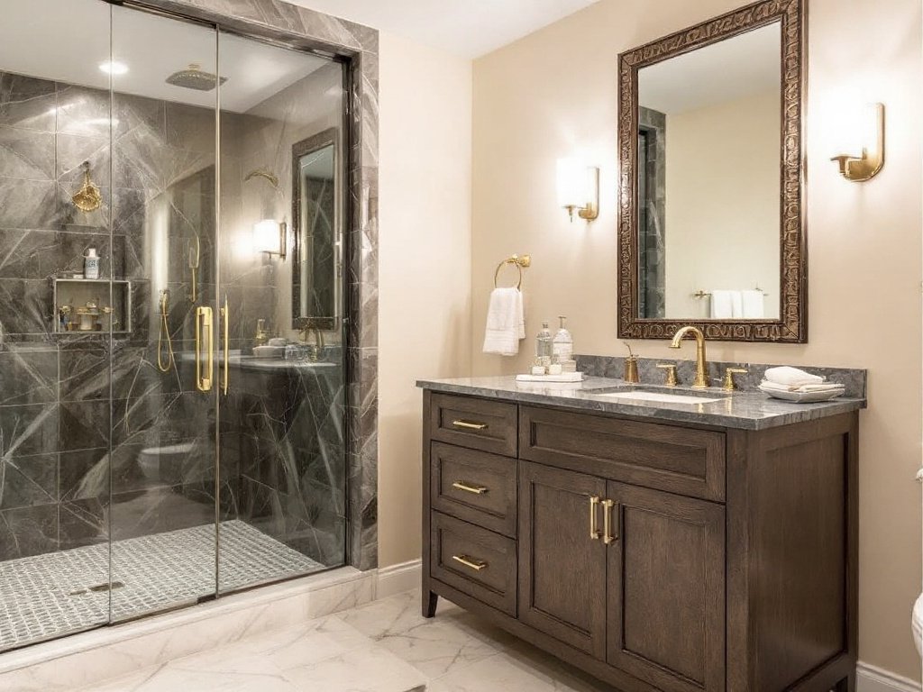 Caption: Indulge in luxury every day in your new, modern master bathroom remodeled to perfection in Needham, MA. A luxurious, redesigned master bathroom featuring modern, contemporary design elements in Needham, MA.