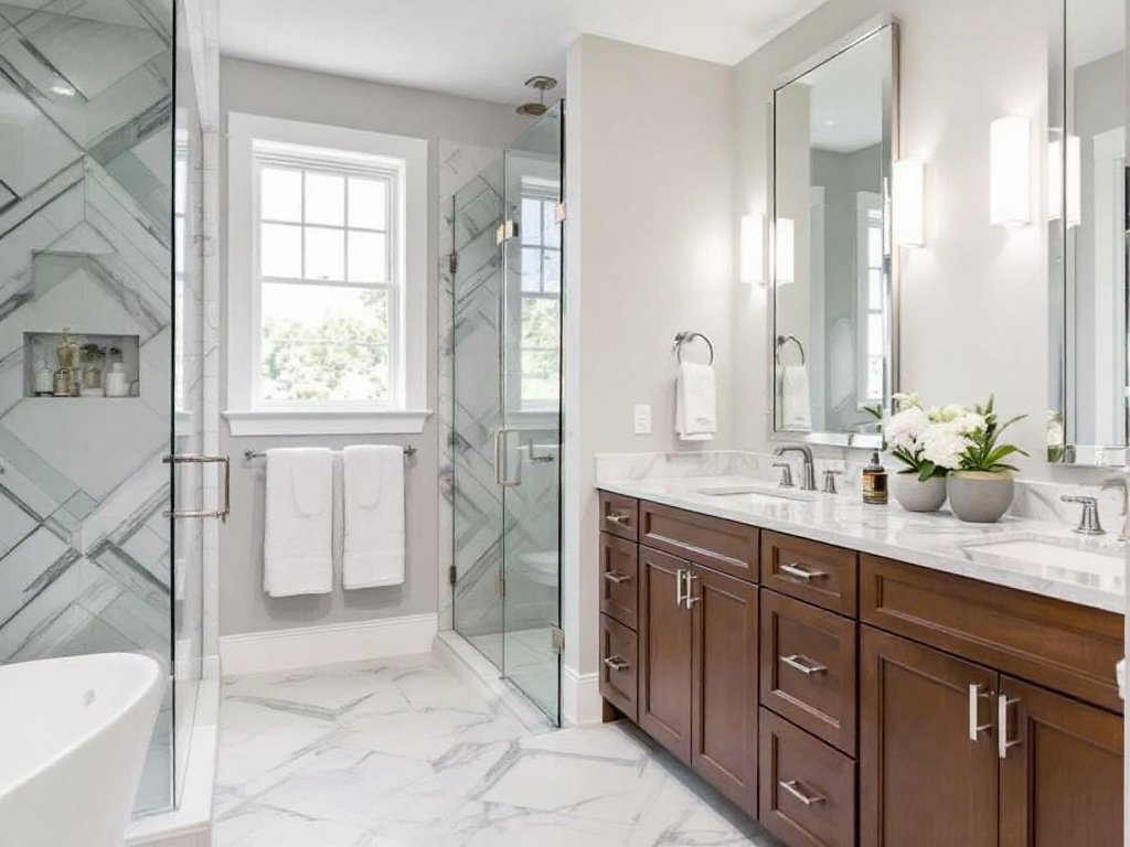 'Master the Art of Luxury with this Bathroom Remodel in Needham, MA.' 'Renovated luxurious master bathroom in Needham, MA with high-end fixtures and finishes.'