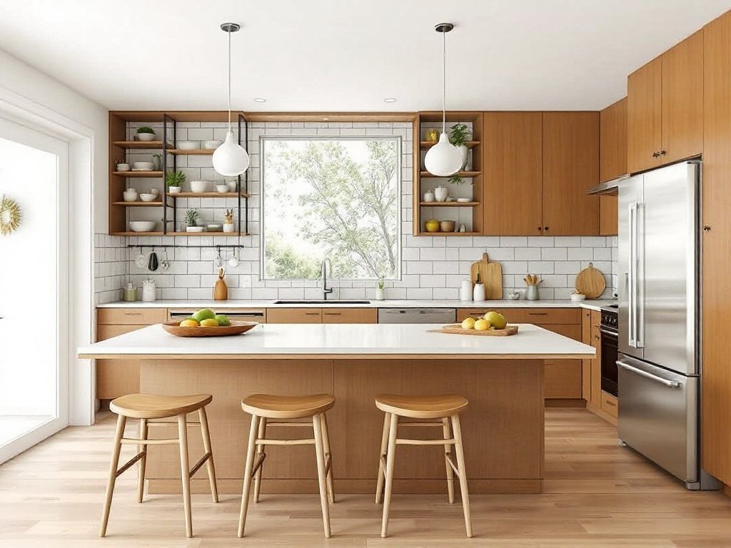 Alt text: A mid-century modern kitchen design with sleek, contemporary styling.