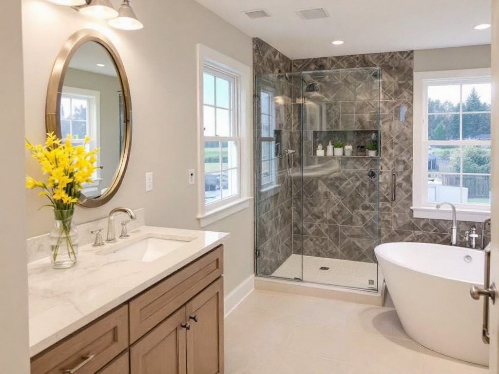 Caption: Experience the magic of contemporary design with our renowned bathroom contractors in Billerica, MA. Skilled bathroom contractors from Billerica, MA showcasing a modern, contemporary bathroom remodel.
