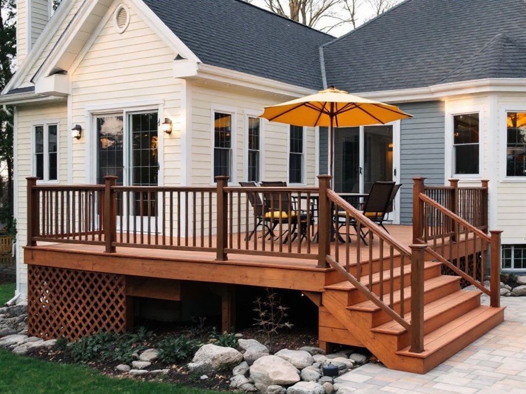 Worker installing a high-quality outdoor deck in Acton, MA.