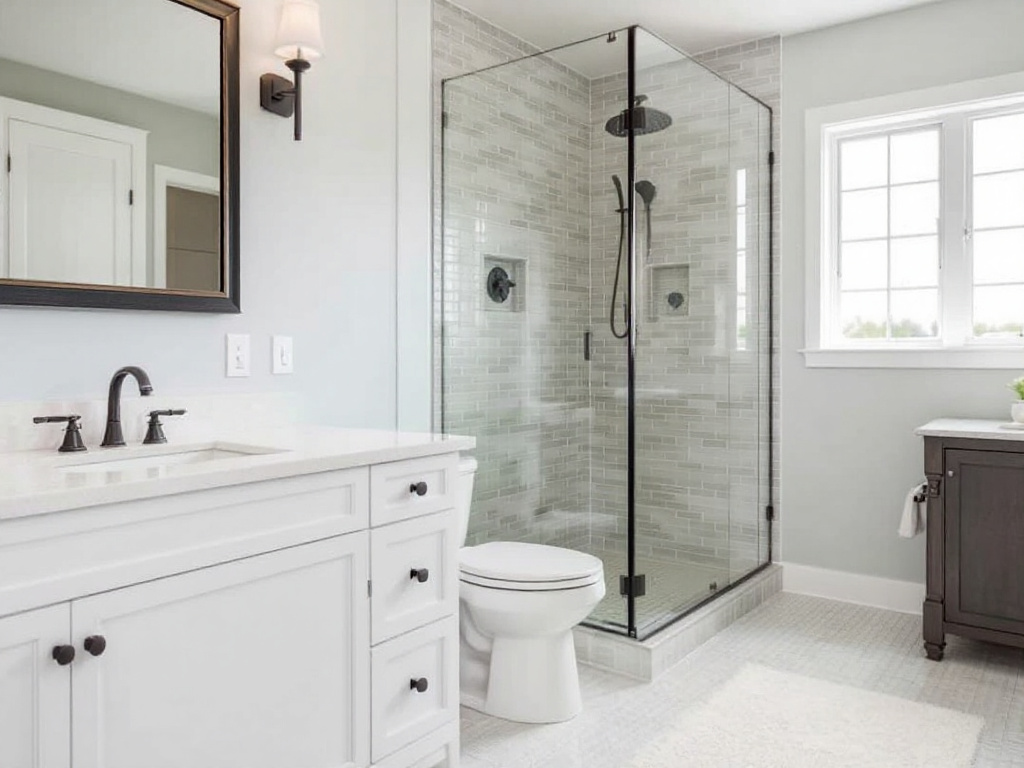Alt Text: Sleek, modern bathroom remodel in Randolph, MA, completed by the area's top-rated general contractor.