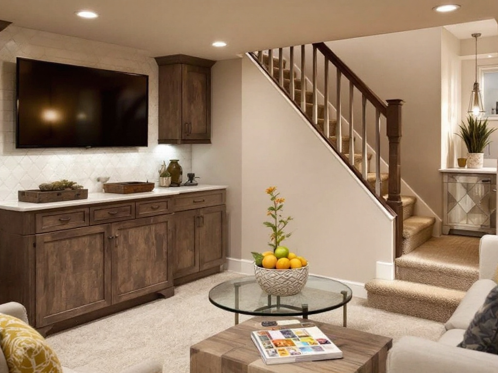 Modern, contemporary style basement renovation by expert remodelers near Sudbury, Massachusetts.