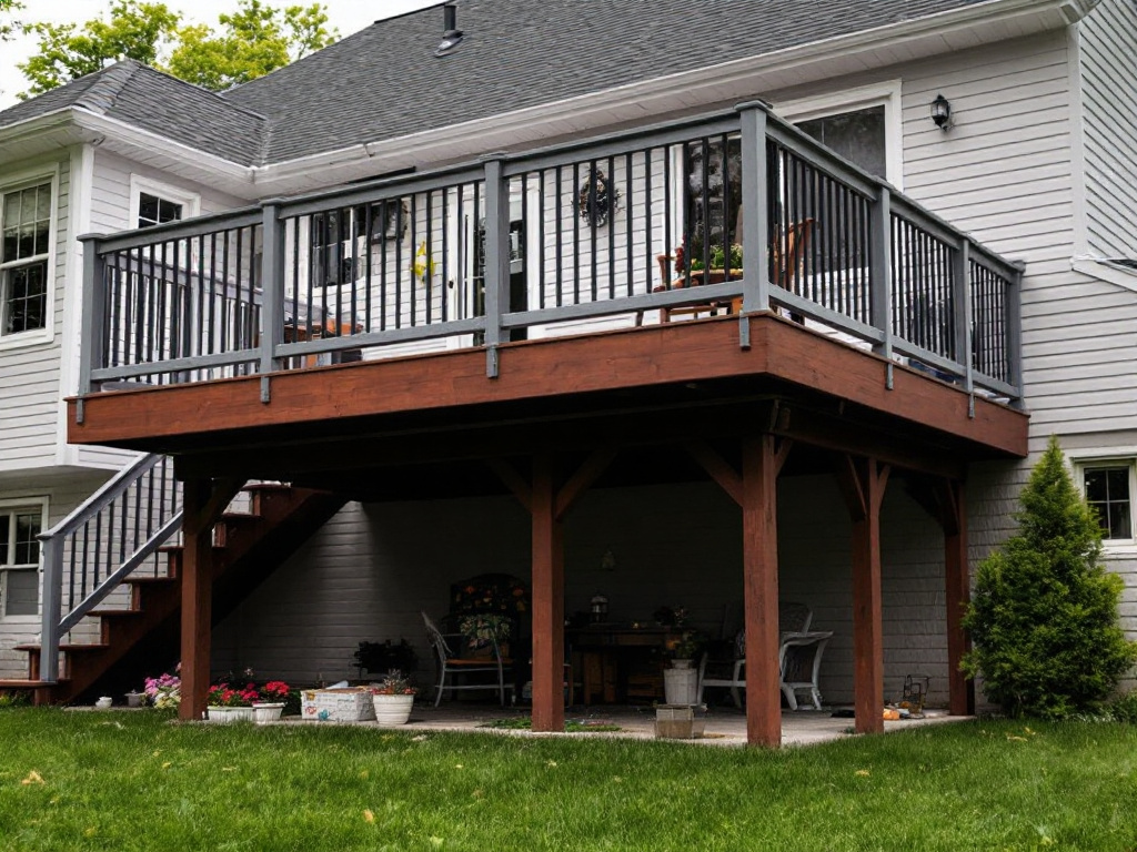 Caption: Modern Design Magic: Master builders unlock the charm of contemporary deck design in Bedford, MA. Expert deck builders working on a contemporary-designed deck near Bedford, MA.