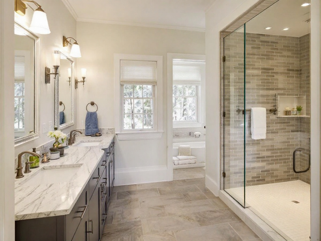 Experienced tile installation contractors engaged in a bathroom remodeling project featuring a modern and contemporary design in Lexington, MA.