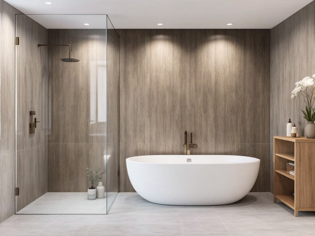 Alt Text: Modern and contemporary approach to basement drywalling and bathroom remodeling with a trendy interior design.