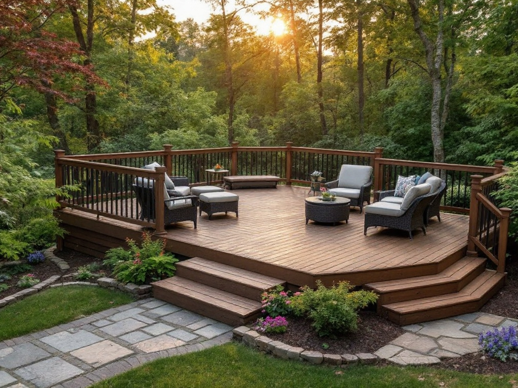 Attractive, modern-design deck installation around a residential property in Sharon, MA.