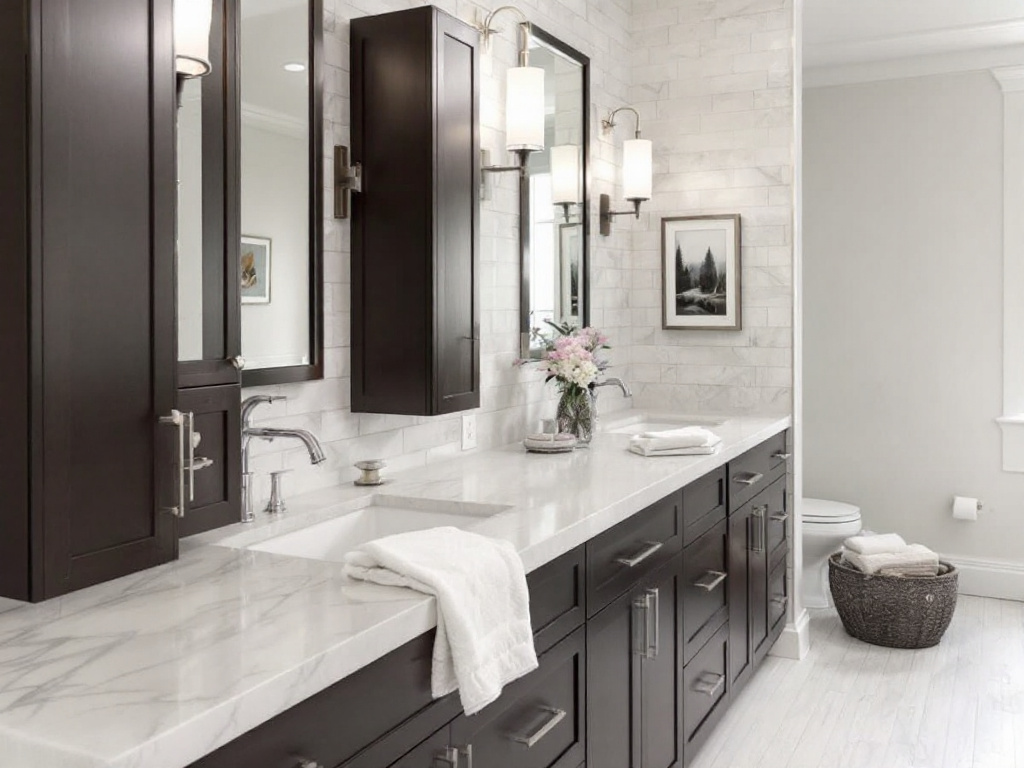 A remodeled master bathroom in Needham, MA, featuring contemporary design elements such as neutral colors, sleek lines, and updated fixtures.