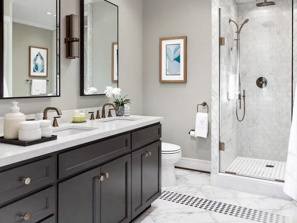 Professional tile installation contractors working on a modern bathroom remodel project near Dedham, MA.