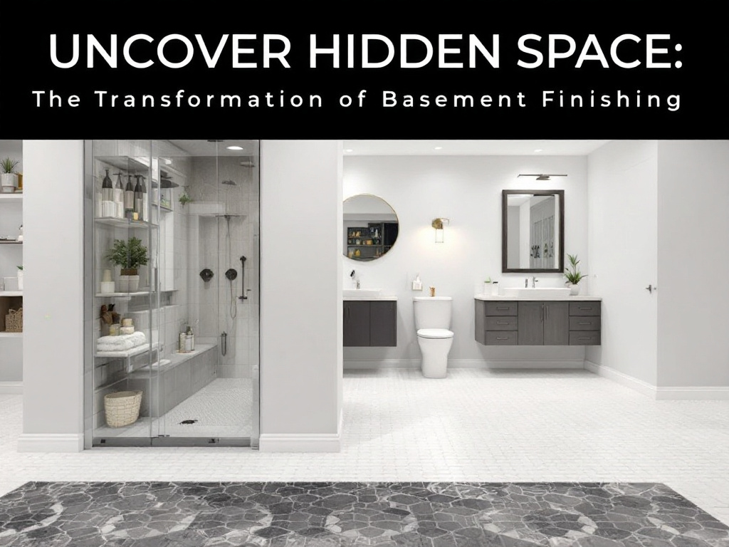 'Illustration showcasing the process of designing and finishing a basement'.