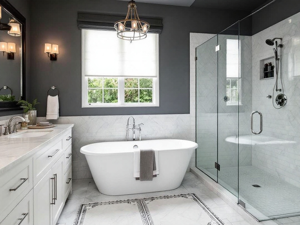 A renovated master bathroom with modern luxury in Westwood.