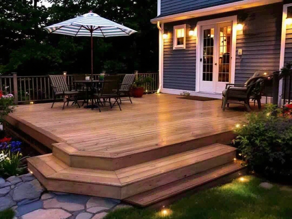Alternative text: Professional deck installation in Dedham, MA upgrading outdoor living spaces with cutting-edge, contemporary designs. 