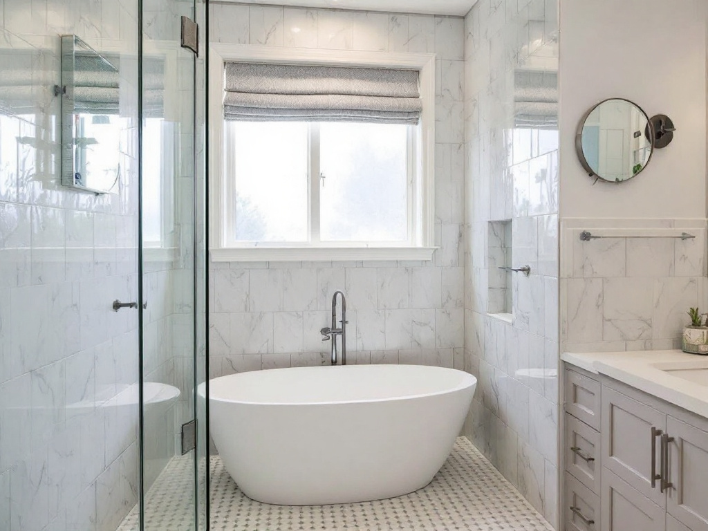 Professional tile installation team working on a bathroom remodeling project close to Woburn, MA.