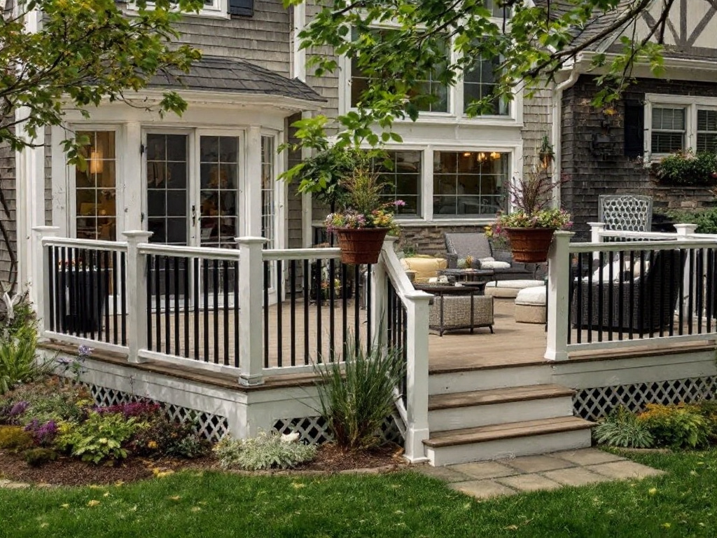 Modern home renovation featuring new deck construction and bathroom remodel in Needham, MA.