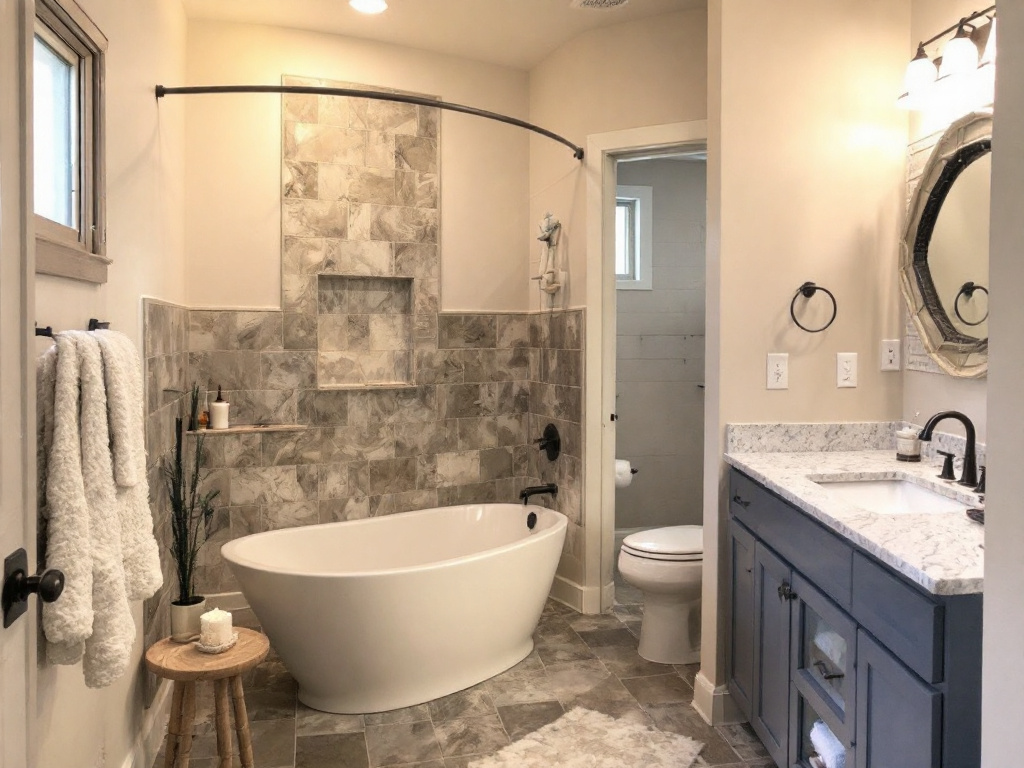 A modern one-day bathroom remodel showcasing a blend of contemporary design elements.