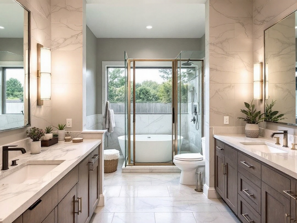Elevated bathroom with modern, contemporary redesign featuring new fixtures and form.
