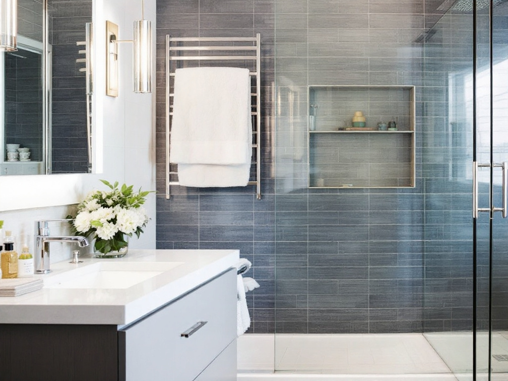 Modern small bathroom after successful remodel with contemporary design elements.