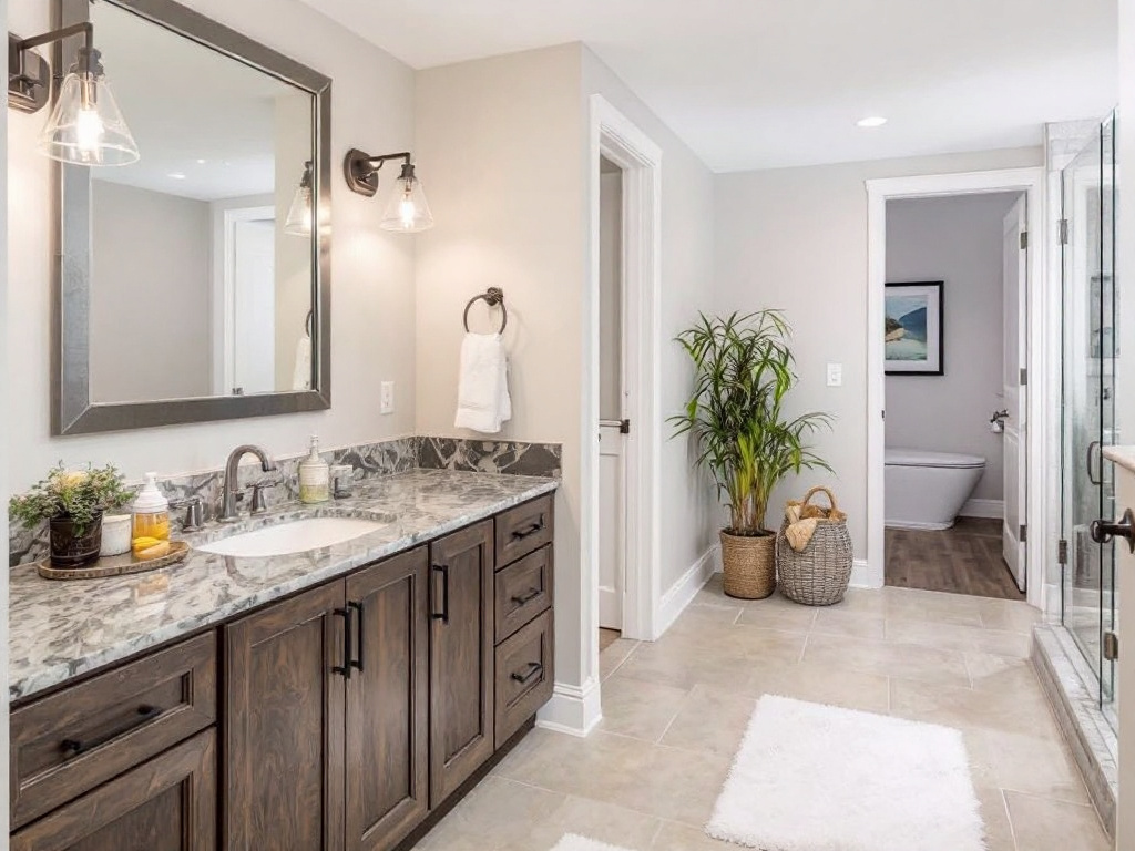 An image showcasing the exceptional bathroom remodeling services offered by premier basement remodelers near Woburn, MA, featuring a modern, contemporary design. 