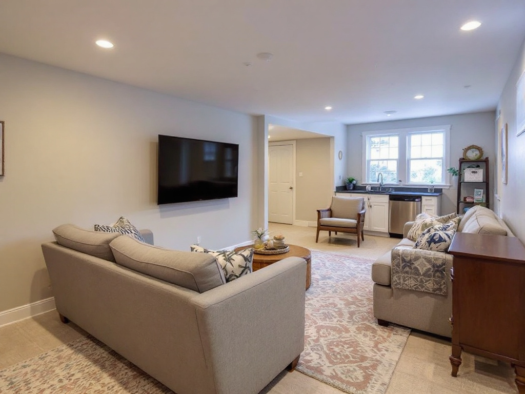Before and after images of a renovated basement in Braintree, MA.