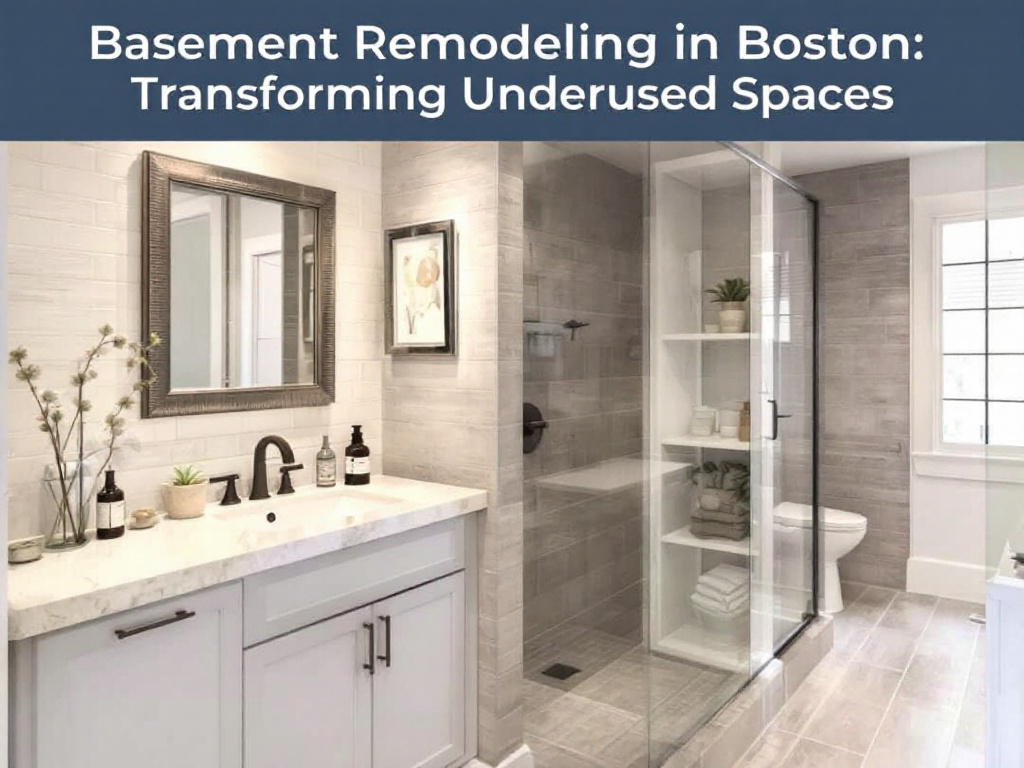 Alternative text: Picture illustrating an expertly remodeled basement with a modern, contemporary design in the Boston area.