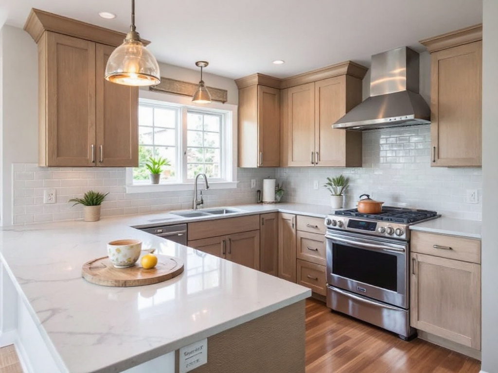 A modern, freshly renovated kitchen in Burlington, MA, showcasing a contemporary style by top-rated contractors.