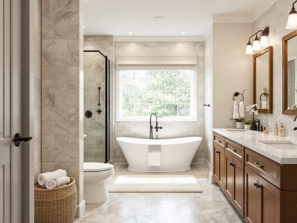 Caption: Step into a new world with our vision of modern, contemporary bathroom remodeling. The magic starts with innovative tile and paintwork. Alt Text: Picture showcasing the unrolling of an elegantly designed contemporary bathroom with modern tile and paintwork.