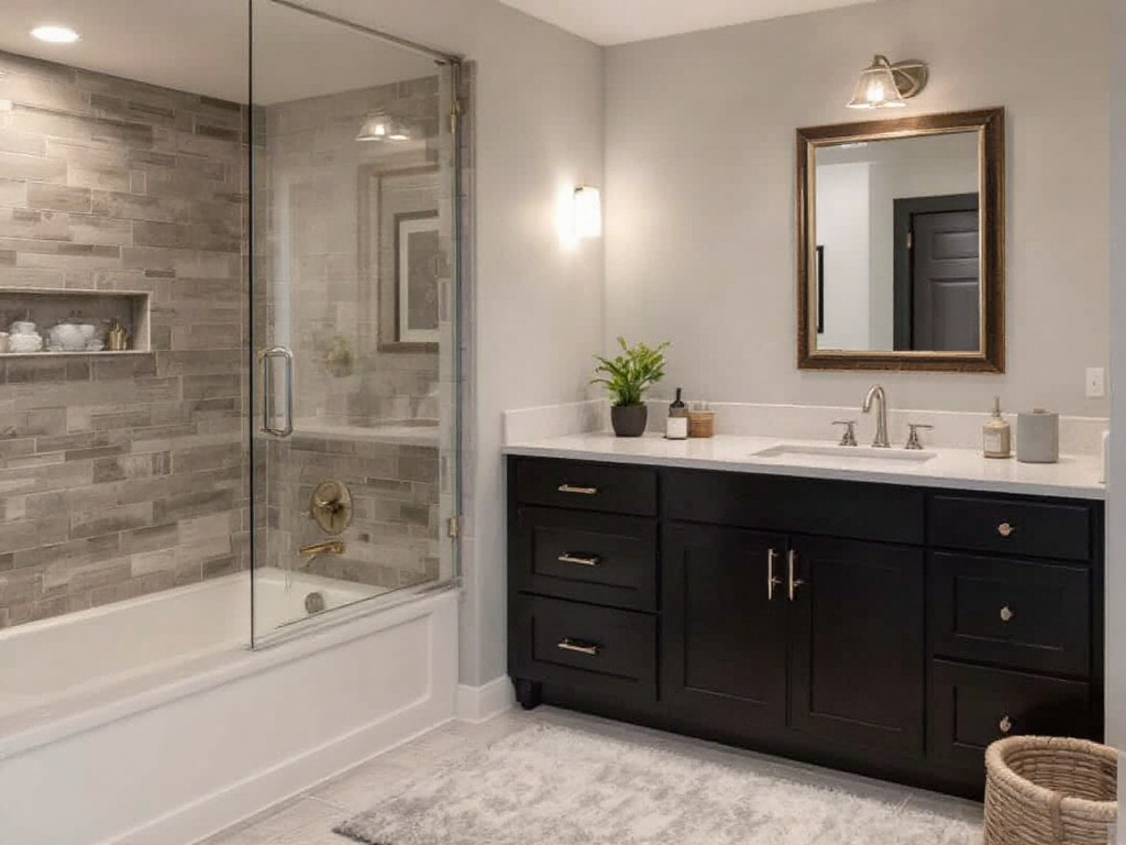 Modernly designed finished basement in Burlington, MA showcasing contemporary aesthetics.