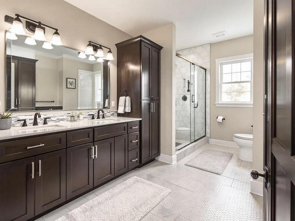 Professional construction contractors busy remodeling a bathroom in Sharon, MA, with a modern, contemporary design.