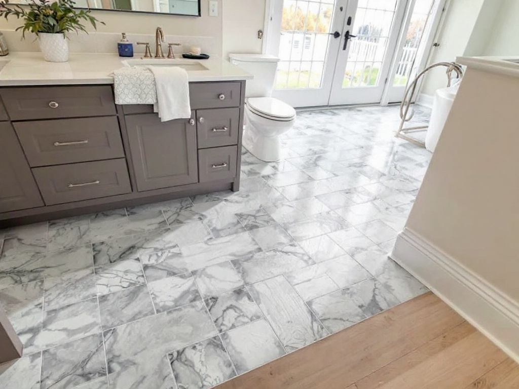 Professional tile flooring installers working on a modern contemporary design in Acton, MA.