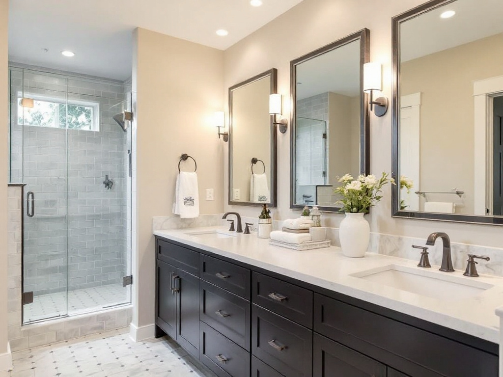 Reputable general contractors working on a modern-contemporary bathroom renovation in Ashland, MA.