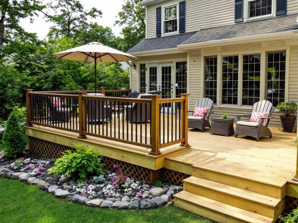 Modern deck installation in Woburn, MA offering outdoor living optimization.