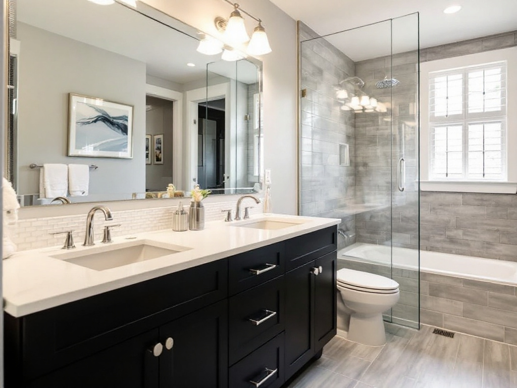 Stylish and modern bathroom after remodeling in Massachusetts.
