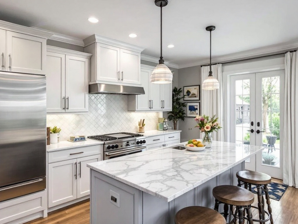 Sleek, contemporary kitchen boasting modern appliances and freshly updated design.