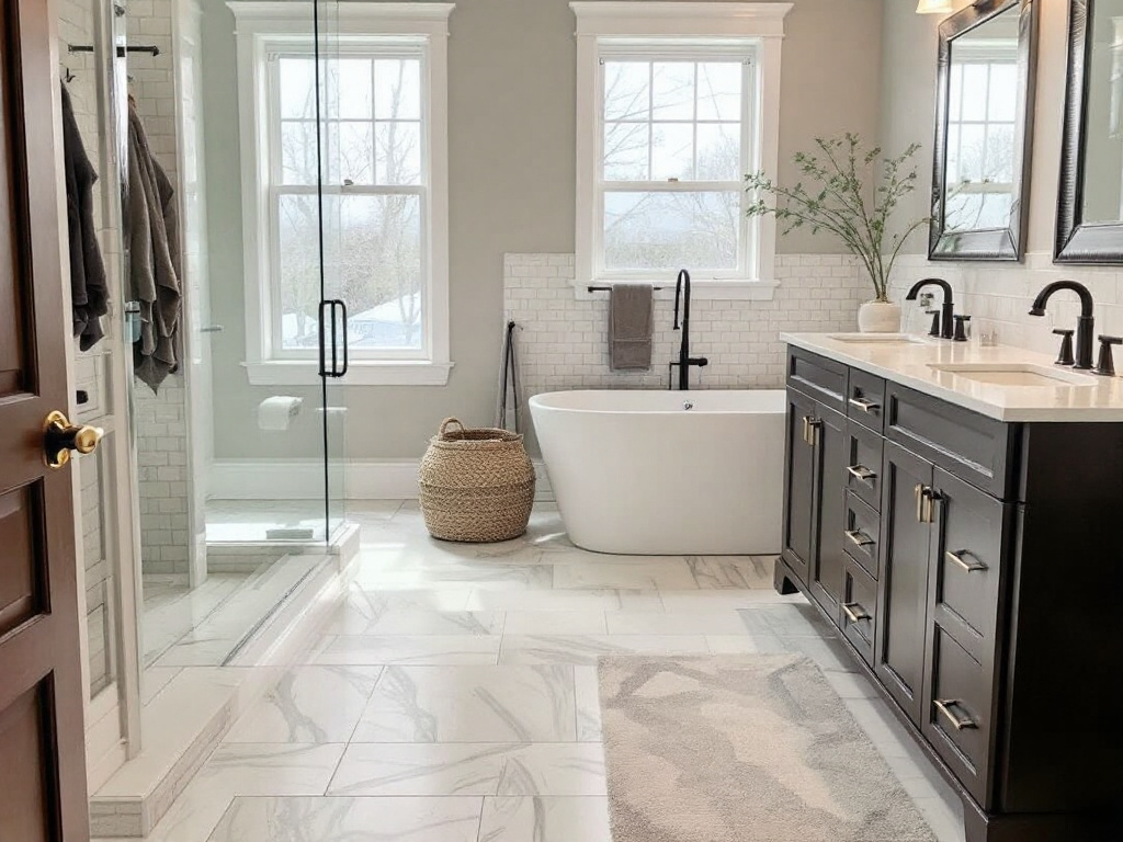 Alternative text: A team of top floor tile installers working on a modern, contemporary bathroom remodel in Quincy, MA.
