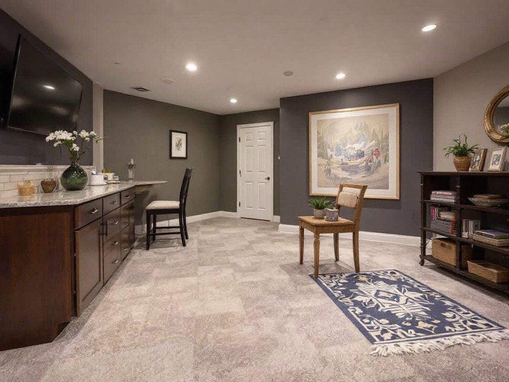 Basement remodeled by experts into a beautiful living space in Stoneham.