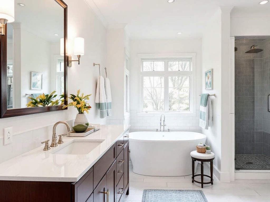 A stunning makeover of a bathroom in Needham, MA featuring modern fixtures and elegant finishes.