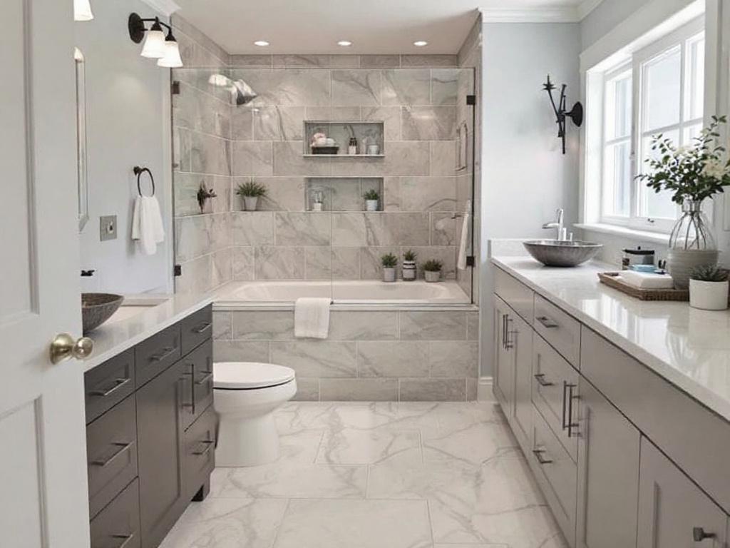 Professional floor tile installers working on a contemporary bathroom design in Quincy, MA.