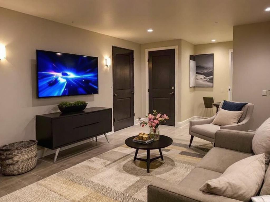 Premier basement contractors showcasing a modern, newly designed basement in Brookline, MA.