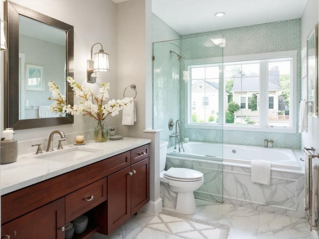 Modern, contemporary design of newly renovated bathroom delivered by top-rated bathroom contractors near Norwood, MA.