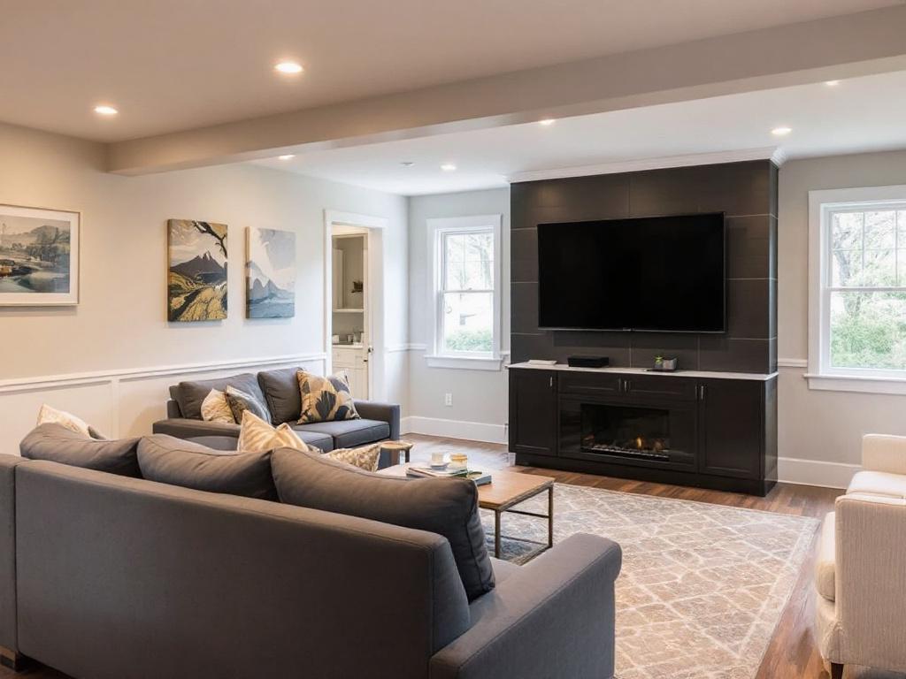 Contemporary styled new basement remodelling in a recently elevated home near Braintree, MA.
